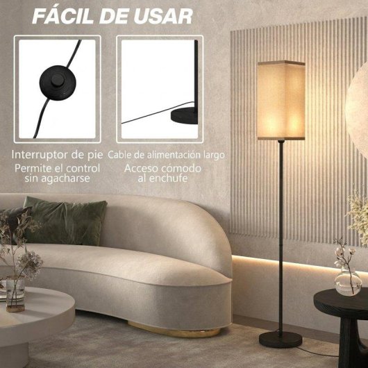 Lámpara de Pie Homcom Pantalla Efecto Lino E27 40 W Negro