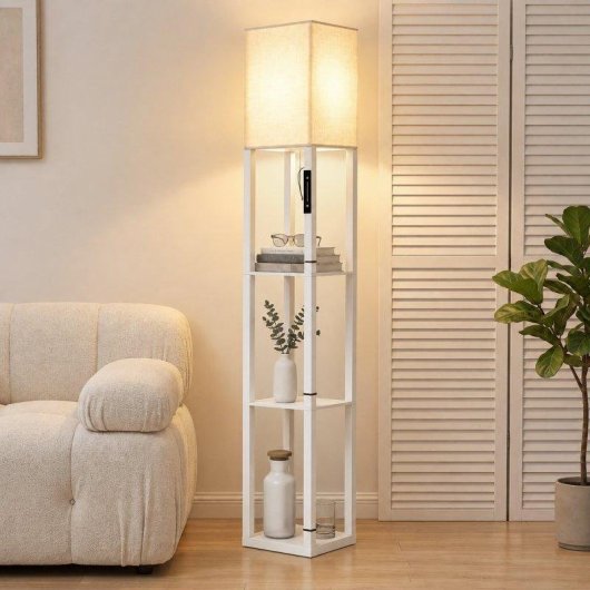 Lámpara de Pie Homcom LED Regulable con 3 Estantes Blanca