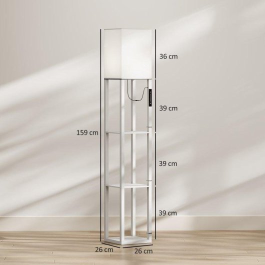 Lámpara de Pie Homcom LED Regulable con 3 Estantes Blanca