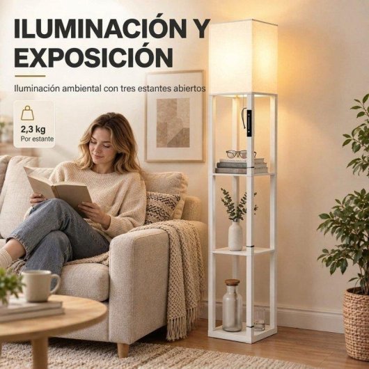 Lámpara de Pie Homcom LED Regulable con 3 Estantes Blanca