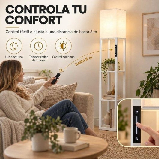 Lámpara de Pie Homcom LED Regulable con 3 Estantes Blanca