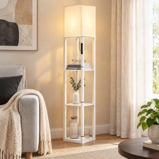 Lámpara de Pie Homcom LED Regulable con 3 Estantes Blanca