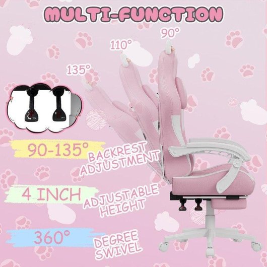 Cadeira Gaming Naspaluro Orelhas de Gato Ergonomica Rosa