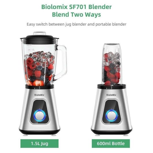 Blender BioloMix SF701 1300 W, verre 1,5 L, bouteille 600 ml