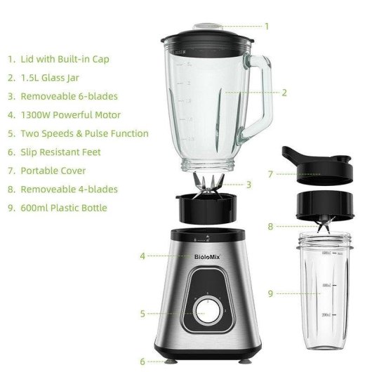 Blender BioloMix SF701 1300 W, verre 1,5 L, bouteille 600 ml