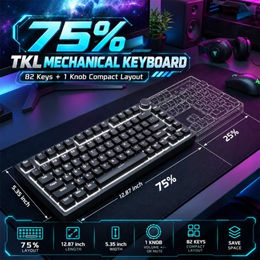 Toetsenbord Ajazz AK820 Gaming Mechanisch 75% USB-C Hot-Swap Zwart