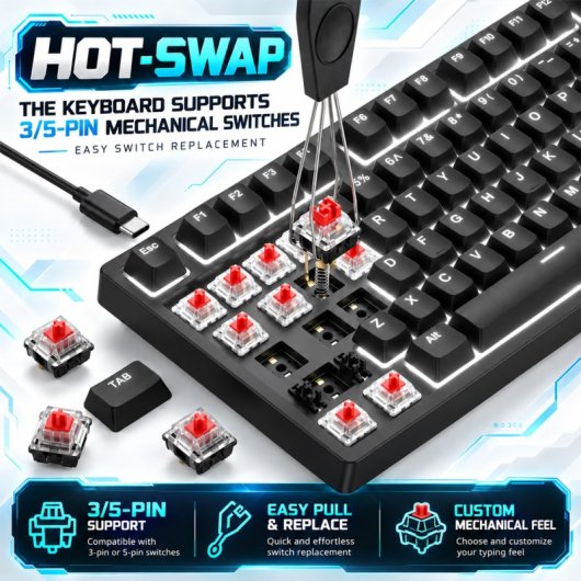 Toetsenbord Ajazz AK820 Gaming Mechanisch 75% USB-C Hot-Swap Zwart