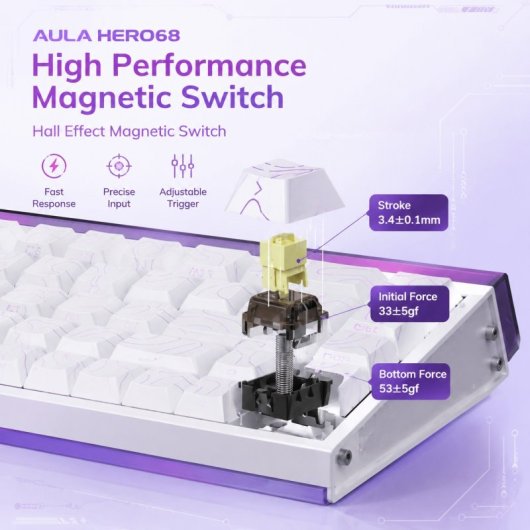Teclado Aula HERO 68 HE Gaming Magnético 60% RGB Hot-Swap Blanco