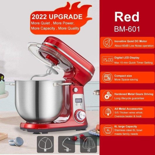 Batteur sur socle BioloMix BM601 1200W 6L 6 vitesses Pulse Rouge