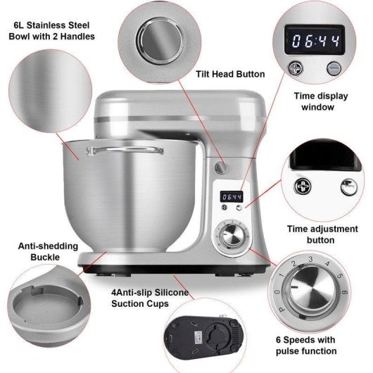 Batidora Planetaria BioloMix BM601 1200W 6L 6 Velocidades + Pulse Plata