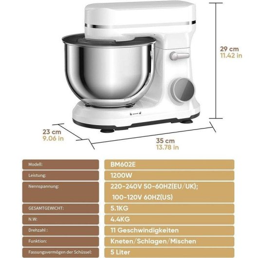 Amasadora Planetaria BioloMix BM602E 1200 W 11 Velocidades 5 L Pantalla OLED bajo ruido
