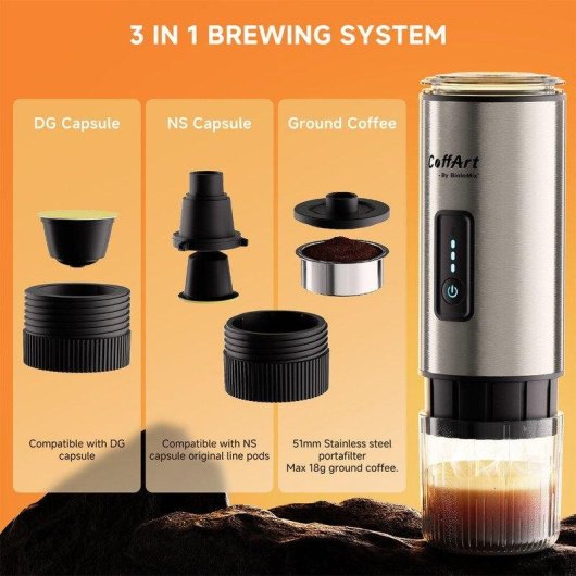 Cafetière espresso portable BioloMix 3 en 1 15–19 bars 12 V argent