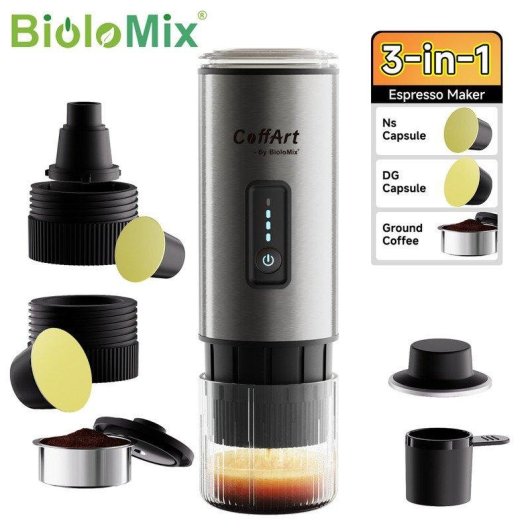 Cafetière espresso portable BioloMix 3 en 1 15–19 bars 12 V argent