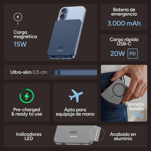 Power Bank Ksix MagSlim 3000 mAh 20 W Apta para avión Azul