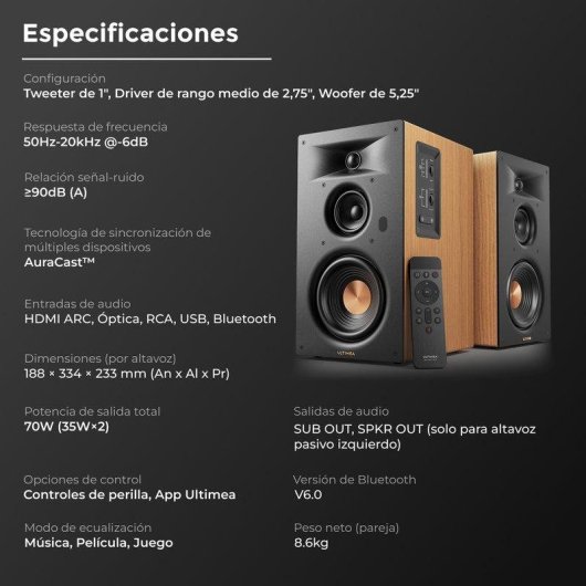 Enceintes bibliothèque Ultimea 3 voies, HDMI, Bluetooth, 70 W, Auracast