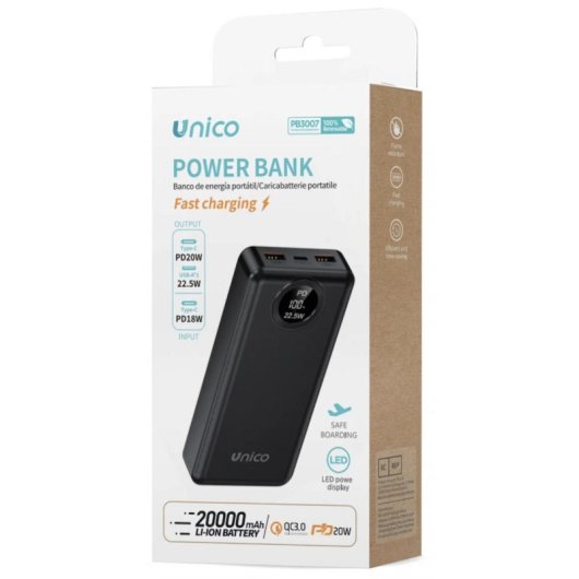 Power Bank Unico PB3007 20000 mAh 22,5 W Apta para avión Negro