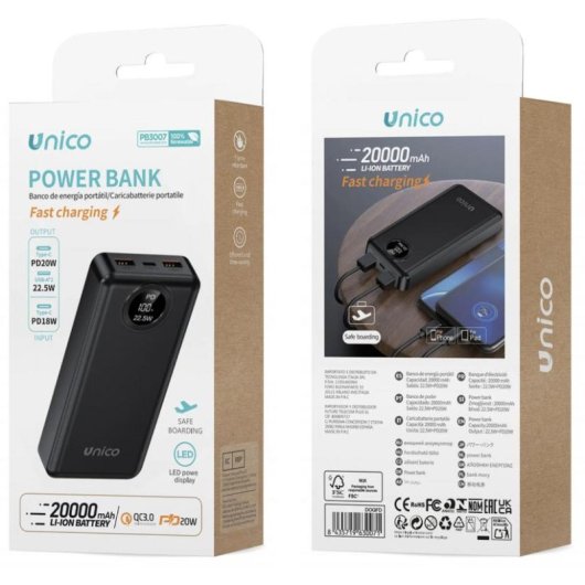 Power Bank Unico PB3007 20000 mAh 22,5 W Apta para avión Negro