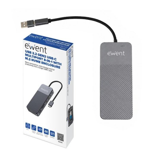 Base para portátil Ewent EW1156 USB-C 8 en 1 HDMI 4K SSD M.2 NVMe 100 W