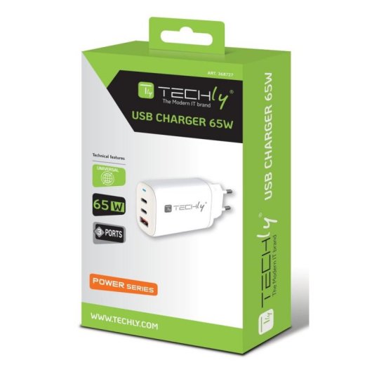 Caricatore Techly IPW-USB-65W2C1A 65 W Power Delivery 2x USB-C + USB-A