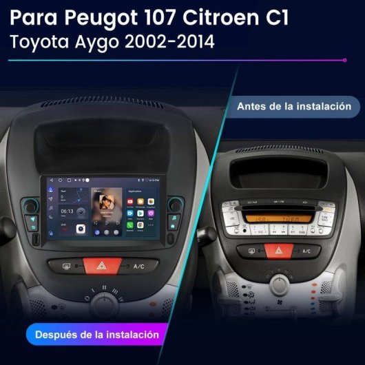 Pantalla JUNSUN 7" Android 15 2 GB/64 GB CarPlay Peugeot 107 Citroën C1 Toyota Aygo