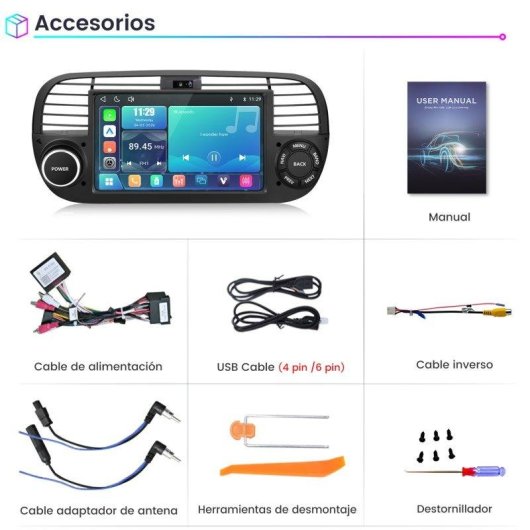 Autorradio JUNSUN 7" 2 DIN CarPlay Android Auto Bluetooth Fiat 500 2007-2015