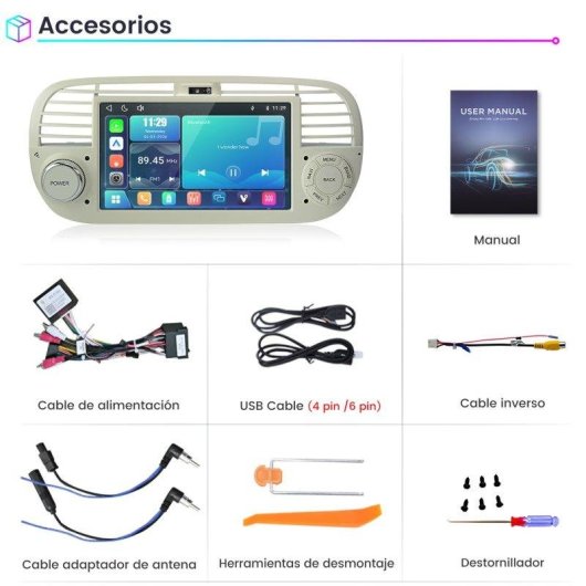 Autorradio JUNSUN 7" CarPlay Android Auto Bluetooth 5.0 para Fiat 500 2007-2015