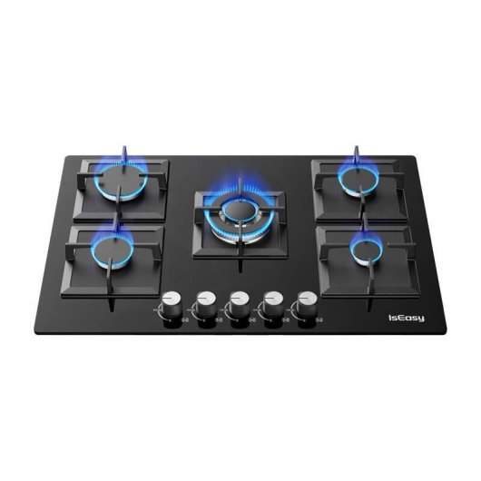 Placa de gas IsEasy MGBG-775S2 5 fuegos vidrio negro empotrable 77 x 51 cm