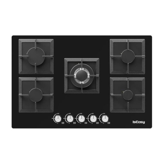 Placa de gas IsEasy MGBG-775S2 5 fuegos vidrio negro empotrable 77 x 51 cm