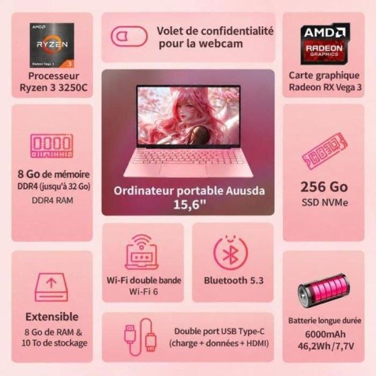 Portátil AUUSDA 15.6" AMD Ryzen 3 3250C 8GB 256GB SSD Windows 11 Pro Rosa