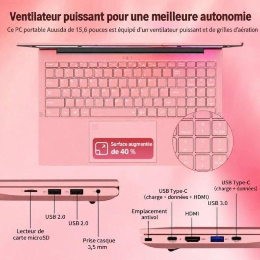 Portátil AUUSDA 15.6" AMD Ryzen 3 3250C 8GB 256GB SSD Windows 11 Pro Rosa