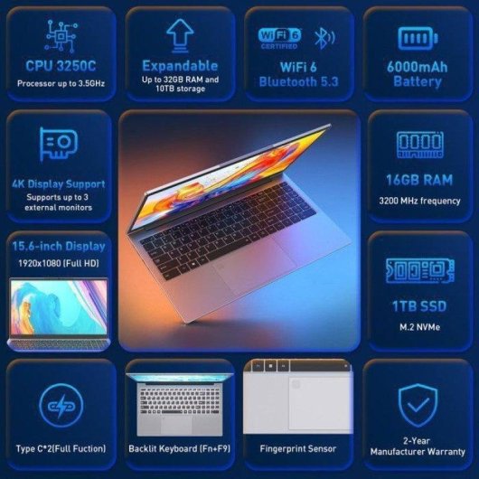 Ordinateur portable AUUSDA 15,6" AMD Ryzen 3 3250C 16Go 1To SSD Windows 11 Pro