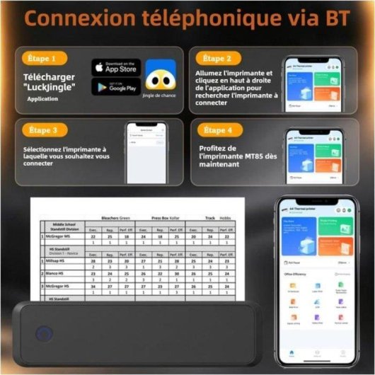 Imprimante thermique portable A4 Bluetooth USB sans encre 620 g Noir
