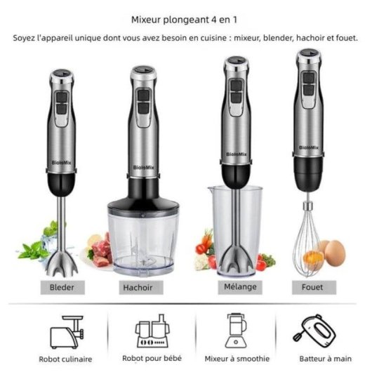 Mixeur plongeant Nobrand Inox 6 vitesses 0,8 L Noir