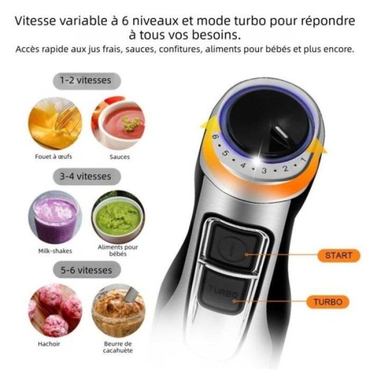 Mixeur plongeant Nobrand Inox 6 vitesses 0,8 L Noir