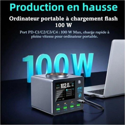 Station de charge Nobrand 140 W 8 ports + 15 W sans fil – ecran 2,8 pouces