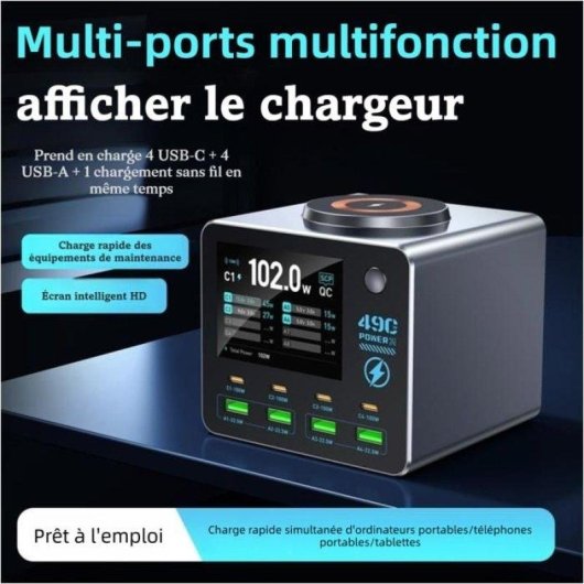 Station de charge Nobrand 140 W 8 ports + 15 W sans fil – ecran 2,8 pouces