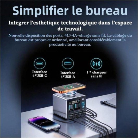 Station de charge Nobrand 140 W 8 ports + 15 W sans fil – ecran 2,8 pouces