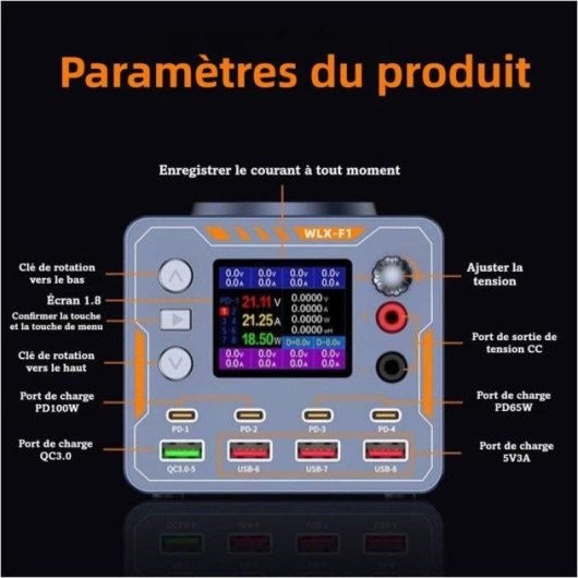 Station de charge Nobrand 140W 9 Ports USB PD QC Qi