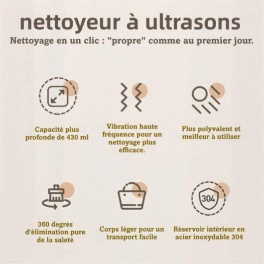 Nettoyeur à ultrasons Nobrand 430 ml, inox 304, USB, gris