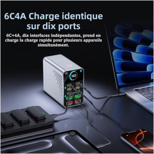 Station de charge Nobrand 160W 10 ports 6C+4A PD 140W GaN 1,47" gris argenté
