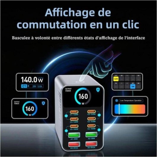 Station de charge Nobrand 160W 10 ports 6C+4A PD 140W GaN 1,47" gris argenté