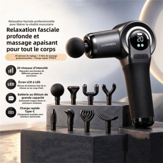 Pistolet de massage Nobrand 20 vitesses LCD USB-C 6 tetes noir