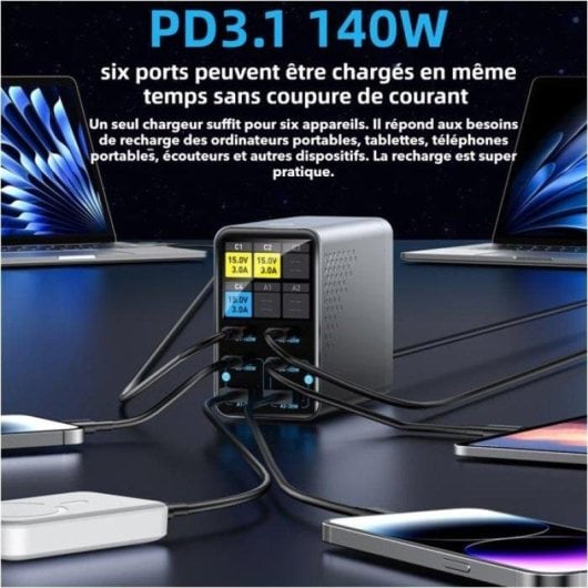Station de charge Nobrand GaN 165W 6 appareils 4 USB-C 2 USB-A écran