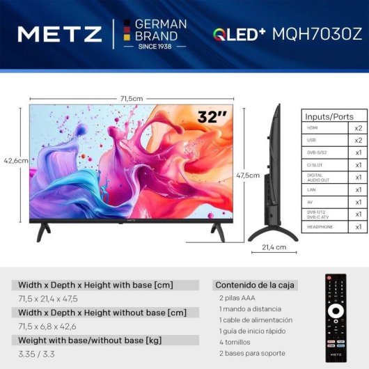 TV Metz QLED 32MQH7000Z 32" HD 60Hz Smart TV Google TV HDR10 Dolby Digital Plus