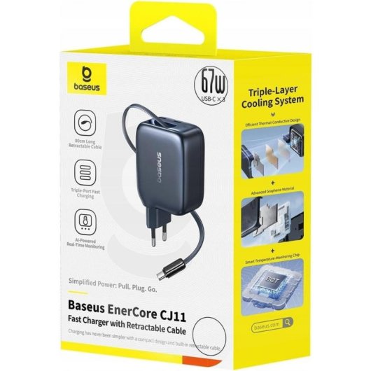Caricatore Baseus 67 W con 3 porte USB-C 0,8 m Nero