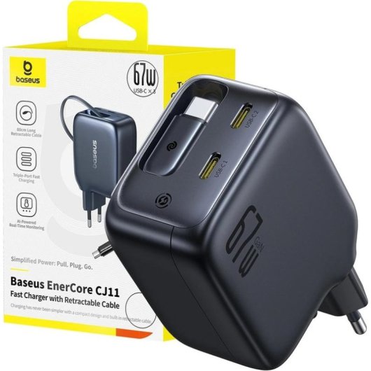 Caricatore Baseus 67 W con 3 porte USB-C 0,8 m Nero
