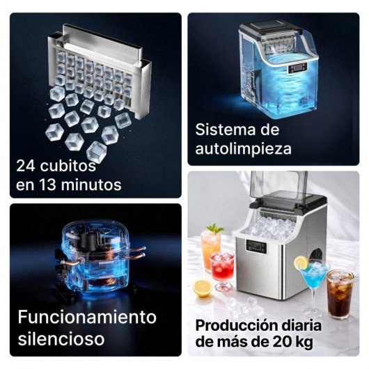 Máquina Para Fabricar Hielo Euhomy 20 kg/24 h Cubitos Cuadrados Autolimpieza Plata