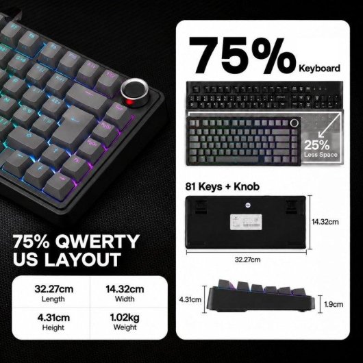 Tastatur AULA F75 Pro Gaming mechanisch 75% kabellos RGB Hot-Swap Reaper