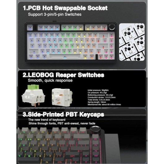 Tastatur AULA F75 Pro Gaming mechanisch 75% kabellos RGB Hot-Swap Reaper