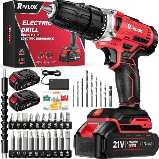 Taladro Atornillador Rivlox 21 V con 2 Baterías 2,0 Ah y Kit de 39 Accesorios